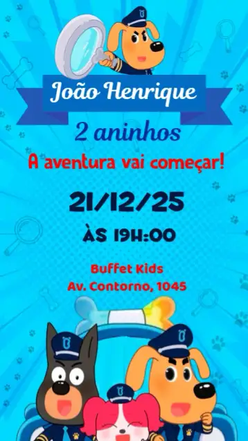 Convite Detetive Labrador para aniversário infantil. – tema aniversário infantil (colorido, divertido, infantil, ilustrações fofas, tema de detetive)