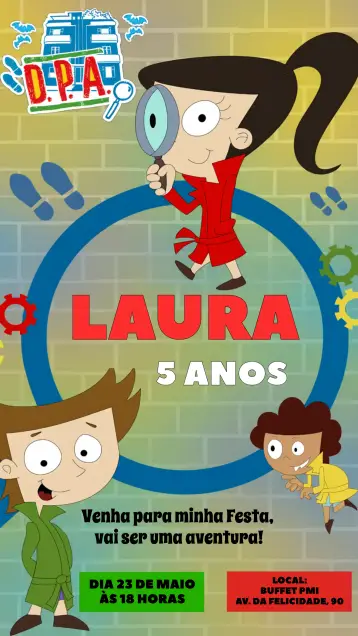 Convite Detetives Do Prédio Azul Dpa Infantil editável e personalizável
