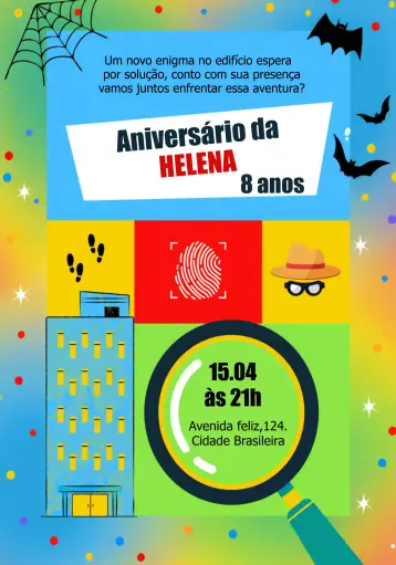Convite Detetives Do Prédio Azul Colorido editável e personalizável