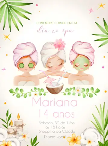 Convite Día En El Spa Con Amigas para cumpleaños con temática de spa para chicas. – tema más buscados (rosa, verde, moderno, divertido, estilo de vida saudável, relajante)