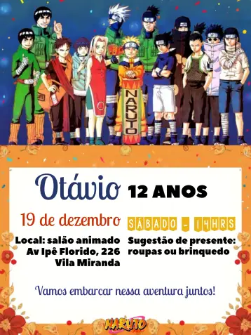 Convite Digial De Naruto Sasuke editável e personalizável