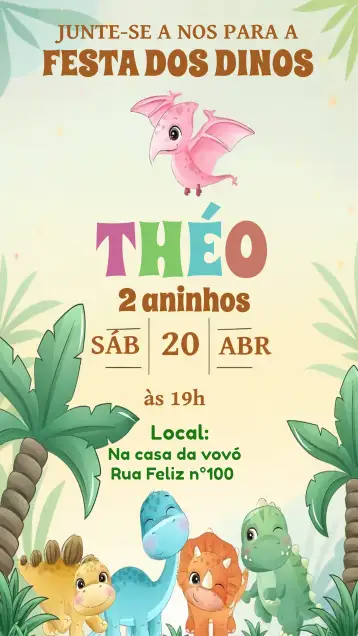 Convite Dino Baby Infantil para cumpleaños infantil. – tema más buscados (colorido, acuarela, infantil, divertido, temático, pastel)