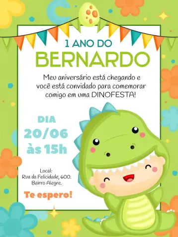 Convite Dinosaurio Baby Cute para cumpleaños infantil. – tema más buscados (dinosaurios, selva, bebé lindo, verde y azul, hojas tropicales, estilo divertido)
