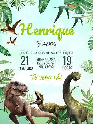 Convite Dinosaur Dinosaurs para kids birthday with dinosaur theme. – tema most searched for (colorful, Jurassic, fun, dinosaur illustrations, childlike style, adventure theme)