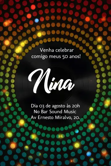 Convite Discoteca Anos 50 Azul para festa de 15 anos temática. – tema 15 anos (vintage, neon, colorido, divertido, anos 50)