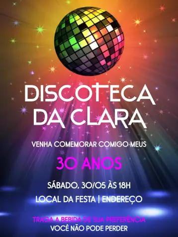 Convite Discoteca Anos 90 Festa para festa de 15 anos com tema anos 90. – tema 15 anos (neon, colorido, vintage, temático, divertido)