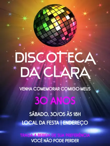 Convite Discoteca Anos 90 Festa editável e personalizável