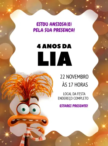 Convite Divertida Mente 2 Ansiedade Laranja para aniversário com temática divertida e emocionante. – tema aniversário (colorido, divertido, moderno, lúdico, temático, animado)