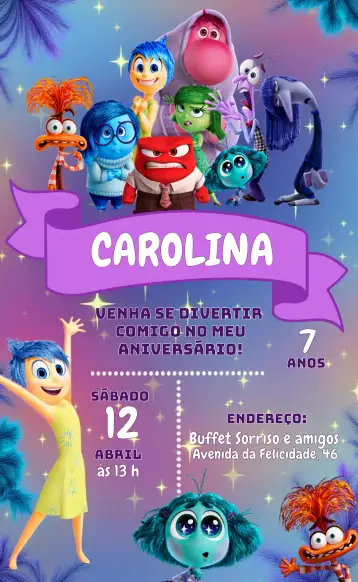 Convite Divertida Mente 2 Colorido para aniversário infantil. – tema mais pesquisados (colorido, divertido, infantil, moderno, alegre)