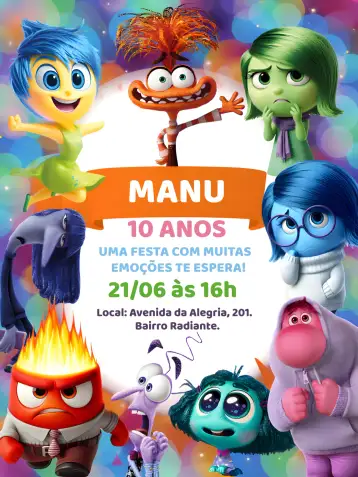 Convite Divertida Mente 2 Colorido para aniversário infantil com tema divertidamente. – tema mais pesquisados (colorido, lúdico, emocional, divertido, infantil)