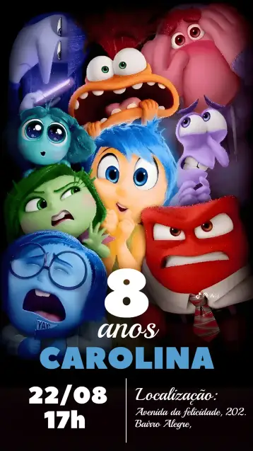 Convite Divertida Mente 2 Película para cumpleaños infantil con temática de la película divertida mente. – tema más buscados (colorido, divertido, emocional, infantil, moderno)