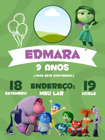 Convite Fun Mind 2 Disgust With Photo Fear para children's birthday and themed parties. – tema most searched for (colorful, fun, modern, illustrations of emotions, youthful, movie-themed)