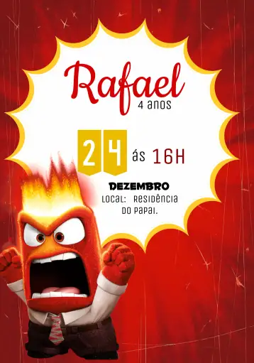 Convite Joyfully Anger Boy para children's birthday with inside out theme. – tema most searched for (red, yellow, fun, themed, childish)