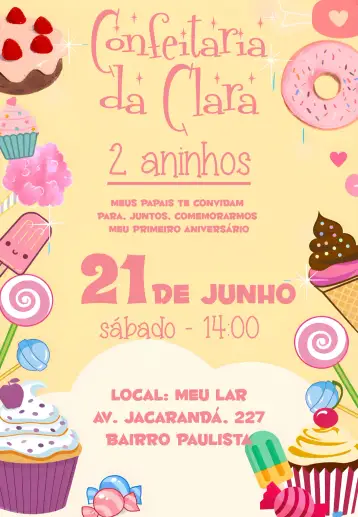 Convite Pastelería Candy para cumpleaños infantil – tema cumpleaños infantil (colorido, dulce, infantil, rosado, divertido, festivo)