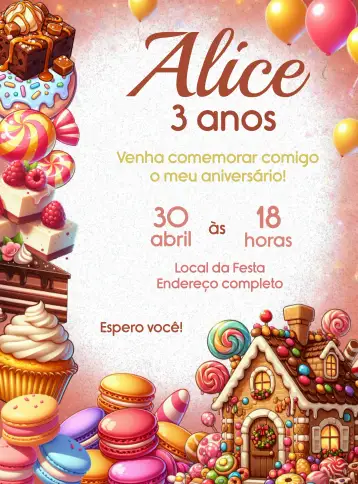 Convite Cupcake Bakery para children's birthday and themed parties. – tema most searched for (colorful, fun, vintage, cheerful, sweet)