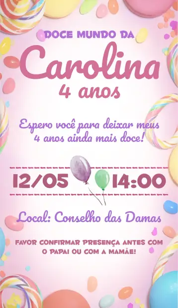 Convite Sweet Bakery Sweets para kids birthday – tema kids' birthday party (pink, candy, fun, colorful, candy illustrations)