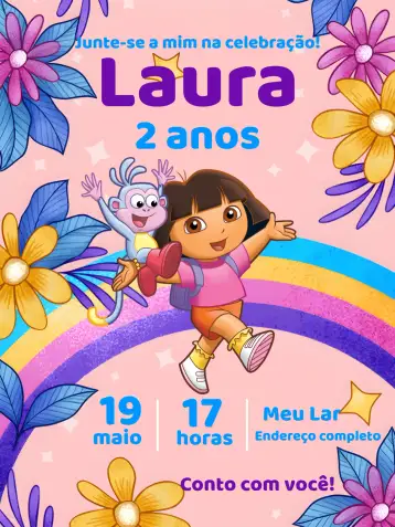 Convite Dora la Exploradora Barato para cumpleaños infantil con temática de dora la exploradora. – tema más buscados (colores vibrantes, estilo infantil, elementos gráficos divertidos, tema de aventura, diseño lúdico)