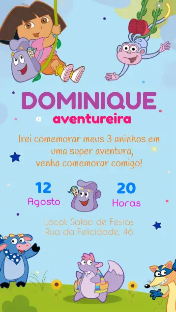 Convite Dora Aventureira Infantil editável e personalizável