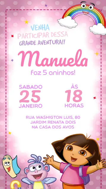 Convite Dora Aventureira Roxo para aniversário infantil – tema aniversário infantil (roxo, lilás, infantil, aventura, colorido, divertido)
