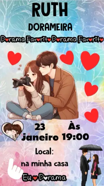 Convite Dorama para aniversário de qualquer idade, perfeito para festas temáticas. – tema aniversário (moderno, colorido, divertido, jovial, temático, inspirado em doramas)
