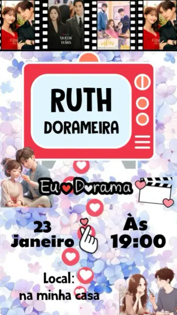 Convite Dorama para aniversário com tema dorama, perfeito para festas alegres e descontraídas. – tema aniversário (colorido, moderno, divertido, jovial, ilustrações, temática dorama)