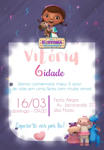 Convite Doctora Juguetes Infantil para cumpleaños infantil. – tema cumpleaños infantil (colorido, divertido, infantil, personajes, juguetes, feliz)