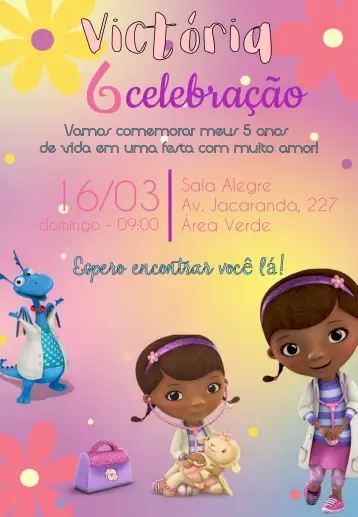 Convite Doctora Juguetes Peluches para cumpleaños infantil – tema cumpleaños infantil (colorido, lúdico, divertido, infantil, brinquedos, pelúcias)