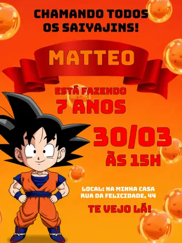 Convite Dragon Ball Goku Dragão para aniversário infantil com tema de dragon ball. – tema mais pesquisados (vibrante, anime, carnaval de cores, ilustrações animadas, temática de aventura)