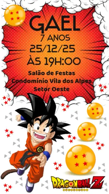 Convite Dragon Ball Z para cumpleaños infantil – tema cumpleaños infantil (animado, anime, colorido, jovial, divertido)