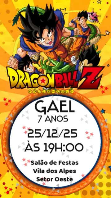 Convite Dragon Ball Z para cumpleaños infantil con temática de dragon ball z. – tema cumpleaños infantil (colores vibrantes, estilo anime, elementos gráficos de Dragon Ball, diseño dinámico, temática divertida)
