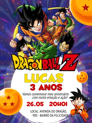Convite Dragon Ball Z Azul para aniversário infantil com tema dragon ball z. – tema mais pesquisados (anime, temático, colorido, vibrante, jovial)
