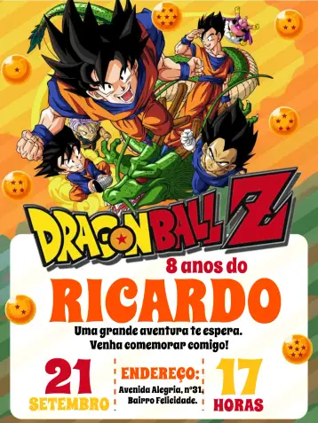 Convite Dragon Ball Z Goku Amarelo editável e personalizável
