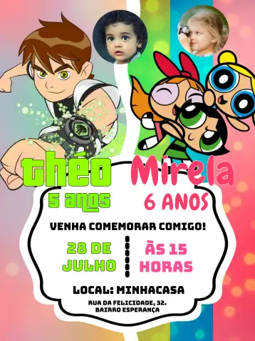Convite Doble Ben 10 y Las Chicas Superpoderosas Con Foto para cumpleaños infantil – tema cumpleaños infantil (colorido, aventura, superhéroes, divertido, infantil, dinámico)