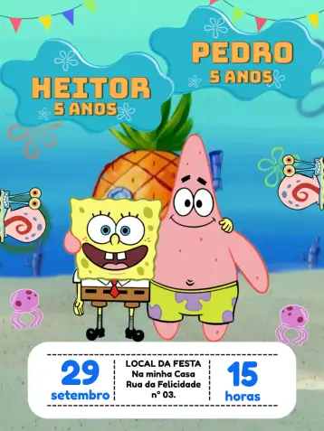 Convite Double SpongeBob And Patrick Square para children's birthday with spongebob theme. – tema most searched for (under the sea, colorful, fun, childlike, tropical)
