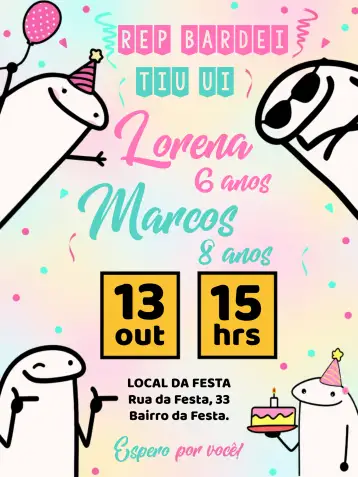 Convite Double Flork Boy And Girl Bento para children's birthday with a fun theme. – tema most searched for (modern, fun, colorful, childish, themed)