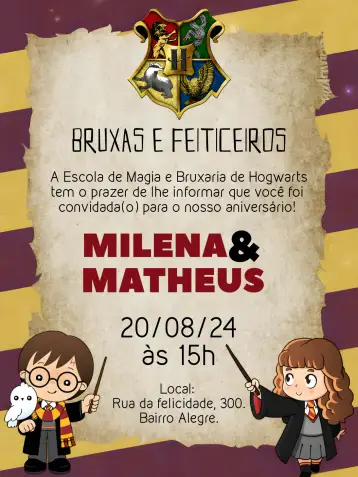 Convite Doble Harry Potter y Hermione Hermanos para cumpleaños infantil con temática de harry potter. – tema cumpleaños infantil (mágico, temático, colorido, infantil, fantasía)