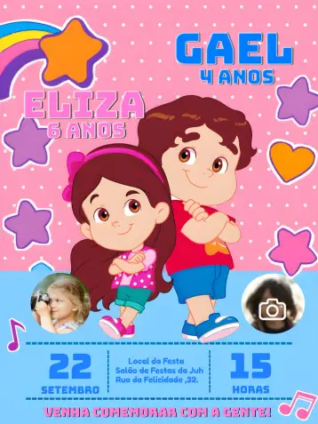 Convite Doble María Clara y Jp Con Foto Youtube para cumpleaños infantil. – tema más buscados (colorido, divertido, infantil, moderno, brillante)