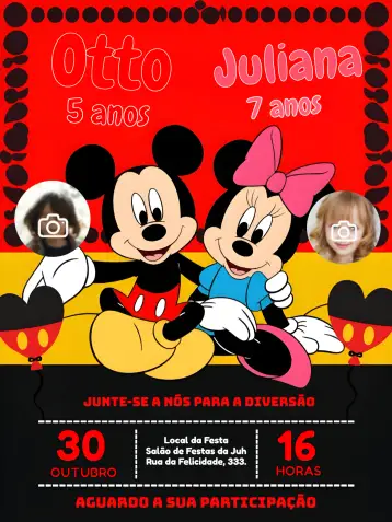 Convite Duplo Mickey E Minnie Mouse Com Foto Menino para aniversário infantil com tema disney. – tema mais pesquisados (Disney, colorido, infantil, divertido, moderno)