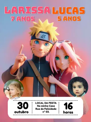Convite Doble Naruto y Sakura con Temas de Foto para cumpleaños infantil con tema de anime. – tema cumpleaños infantil (anime, colorido, aventura, moderno, infantil, divertido)