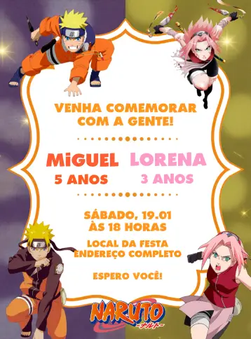 Invitación Doble Naruto Y Sakura Niño editable y personalizable