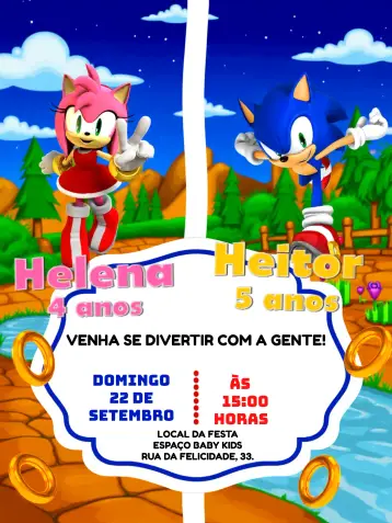 Invitación Doble Sonic y Amy Rosa Gamer editable y personalizable