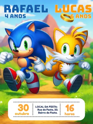 Invitación Doble Sonic y Tails Niño editable y personalizable