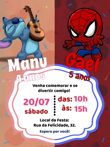 Convite Tema de Duplo Stitch y Hombre Araña para cumpleaños infantil. – tema más buscados (colorido, divertido, infantil, moderno, temático)