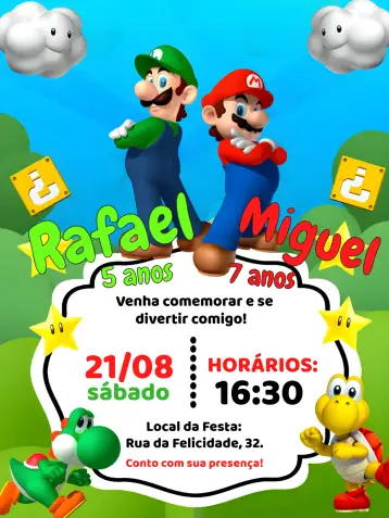 Convite Double Super Mario And Luigi World para children's birthday with a gaming theme. – tema most searched for (vibrant, games, colorful, themed, fun-filled, child-friendly)