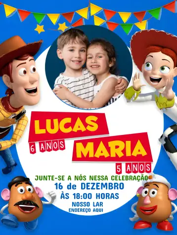 Convite Doble Woody y Jessie Toy Story con Foto Buzz Lightyear para cumpleaños infantil, especialmente para hermanos gemelos. – tema más buscados (colorido, divertido, temático, infantil, animado)