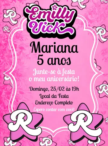 Convite Emilly Vick Youtuber para aniversário infantil. – tema aniversário infantil (rosa, moderno, divertido, colorido, jovem, temático)