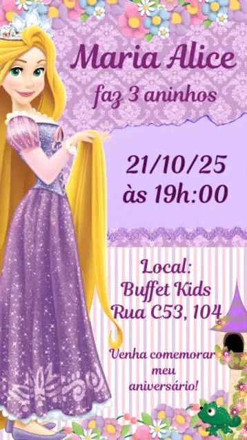 Convite Enrolados para aniversário infantil – tema aniversário infantil (cores pastel, contos de fadas, ilustrações infantis, elementos florais, estilo encantado, vibrante e alegre)