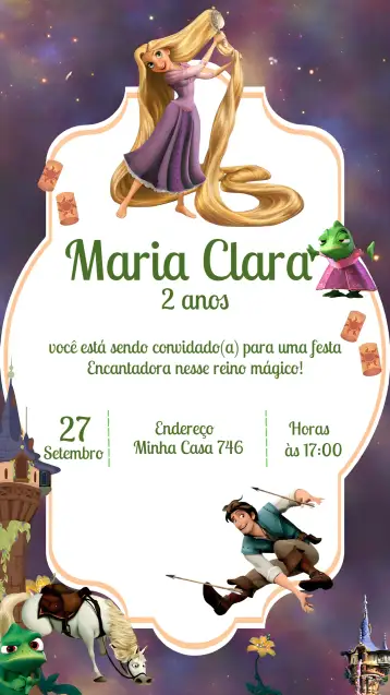 Convite Enrolados Princesa para aniversário infantil – tema aniversário infantil (cores pastel, ilustrações de princesas, elementos de conto de fadas, estilo divertido, detalhes florais, design encantador)