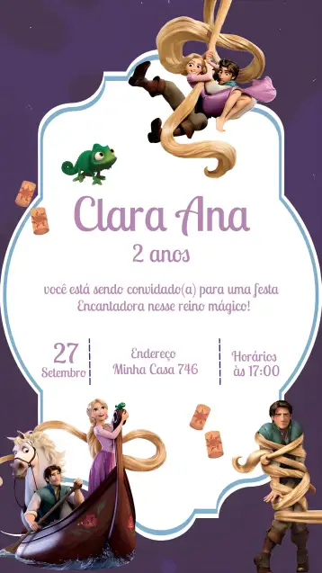 Convite Enrolados Rapunzel Lilás para aniversário infantil – tema aniversário infantil (floral, lilás, branco, mágico, infantil, princesa)