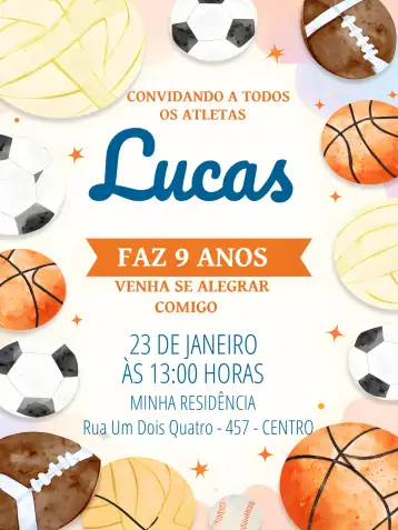 Convite Sports Balls para children's birthday with a sports theme. – tema most searched for (sporty, colorful, fun, watercolor, modern, youthful)